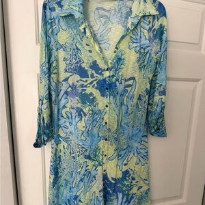 David Cline USA rayon/poly Blue and Lime Ocean Print Button-Front dress large